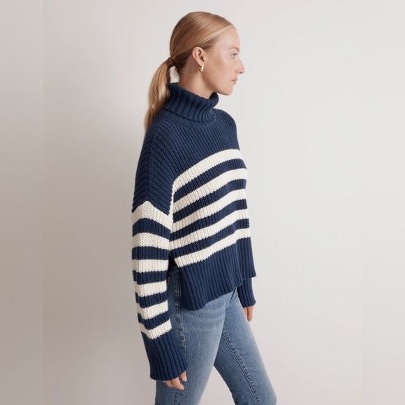 Madewell Wide Rib Turtleneck Sweater White Blue Size S NO064 - Picture 3 of 7